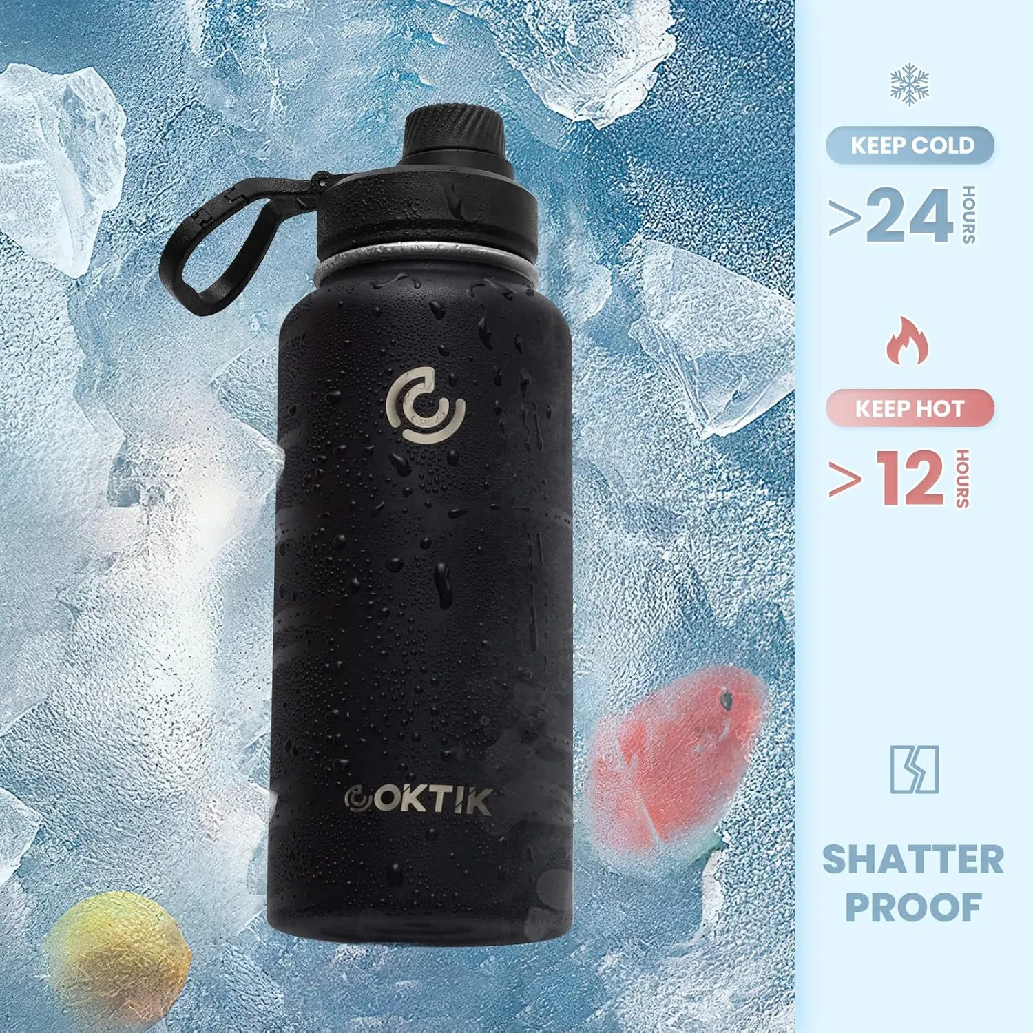 COKTIK 32 oz Sports Water Bottle With Straw,2 Lids, Stainless Steel Vacuum Insulated Water Bottles,Leakproof Lightweight, Keeps Cold and Hot, Great for Travel, Hiking, Biking, Running (Black)
