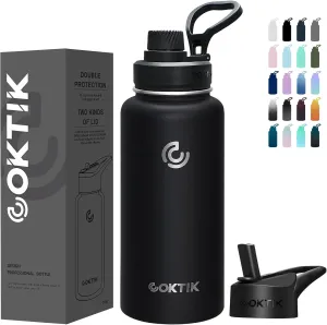 COKTIK 32 oz Sports Water Bottle With Straw,2 Lids, Stainless Steel Vacuum Insulated Water Bottles,Leakproof Lightweight, Keeps Cold and Hot, Great for Travel, Hiking, Biking, Running (Black)