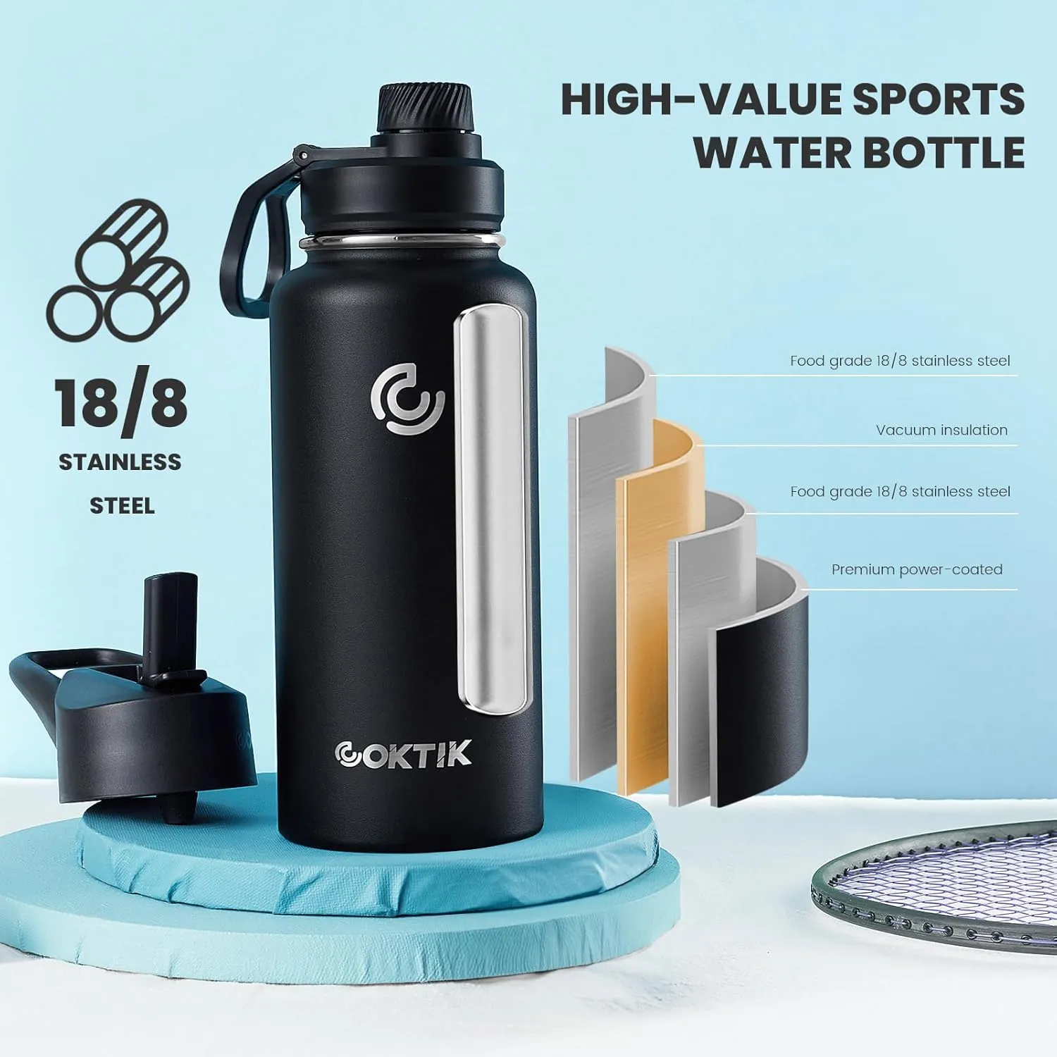 COKTIK 32 oz Sports Water Bottle With Straw,2 Lids, Stainless Steel Vacuum Insulated Water Bottles,Leakproof Lightweight, Keeps Cold and Hot, Great for Travel, Hiking, Biking, Running (Black)