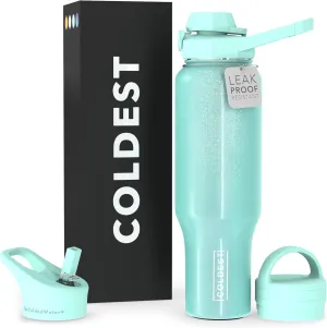 Coldest Sports Water Bottle - 3 in 1 Lids (Chug, Straw, Handle) - Insulated Stainless Steel Tumbler with Handle - Vacuum Water Flask Cup, Valentines Gifts for Him Her (46 oz, Astronaut Green Glitter)