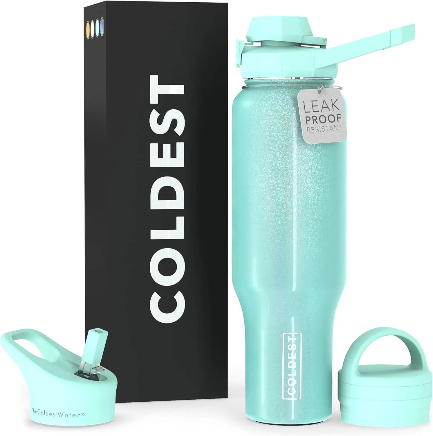 Coldest Sports Water Bottle - 3 in 1 Lids (Chug, Straw, Handle) - Insulated Stainless Steel Tumbler with Handle - Vacuum Water Flask Cup, Valentines Gifts for Him Her (46 oz, Astronaut Green Glitter)