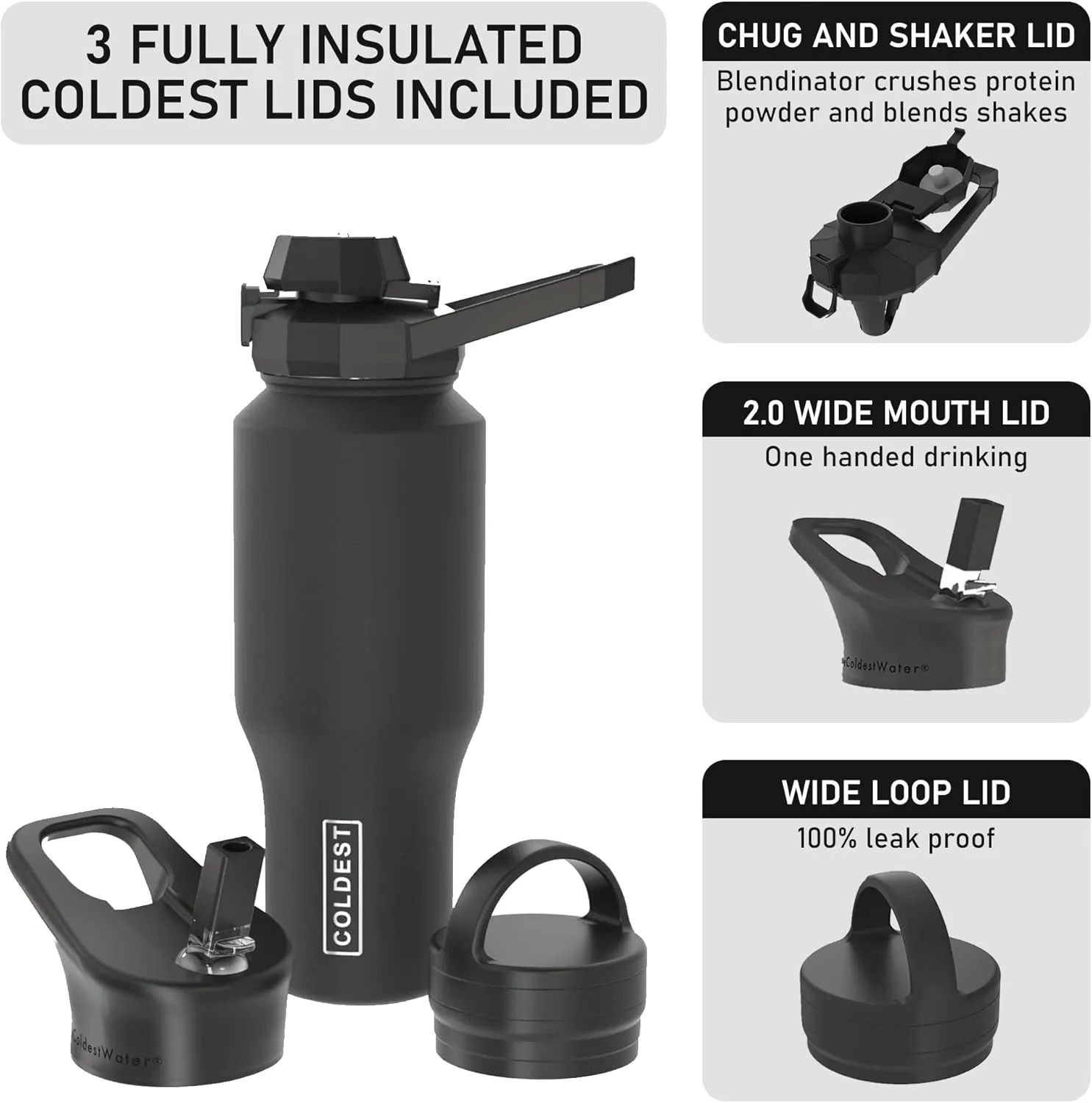 Coldest Sports Water Bottle - 3 in 1 Lids (Chug, Straw, Handle) - Insulated Stainless Steel Tumbler with Handle - Vacuum Water Flask Cup, Valentines Gifts for Him Her (46 oz, Astronaut Green Glitter)