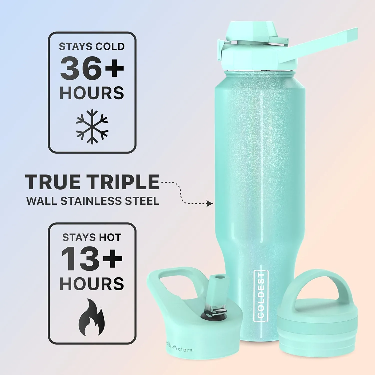 Coldest Sports Water Bottle - 3 in 1 Lids (Chug, Straw, Handle) - Insulated Stainless Steel Tumbler with Handle - Vacuum Water Flask Cup, Valentines Gifts for Him Her (46 oz, Astronaut Green Glitter)
