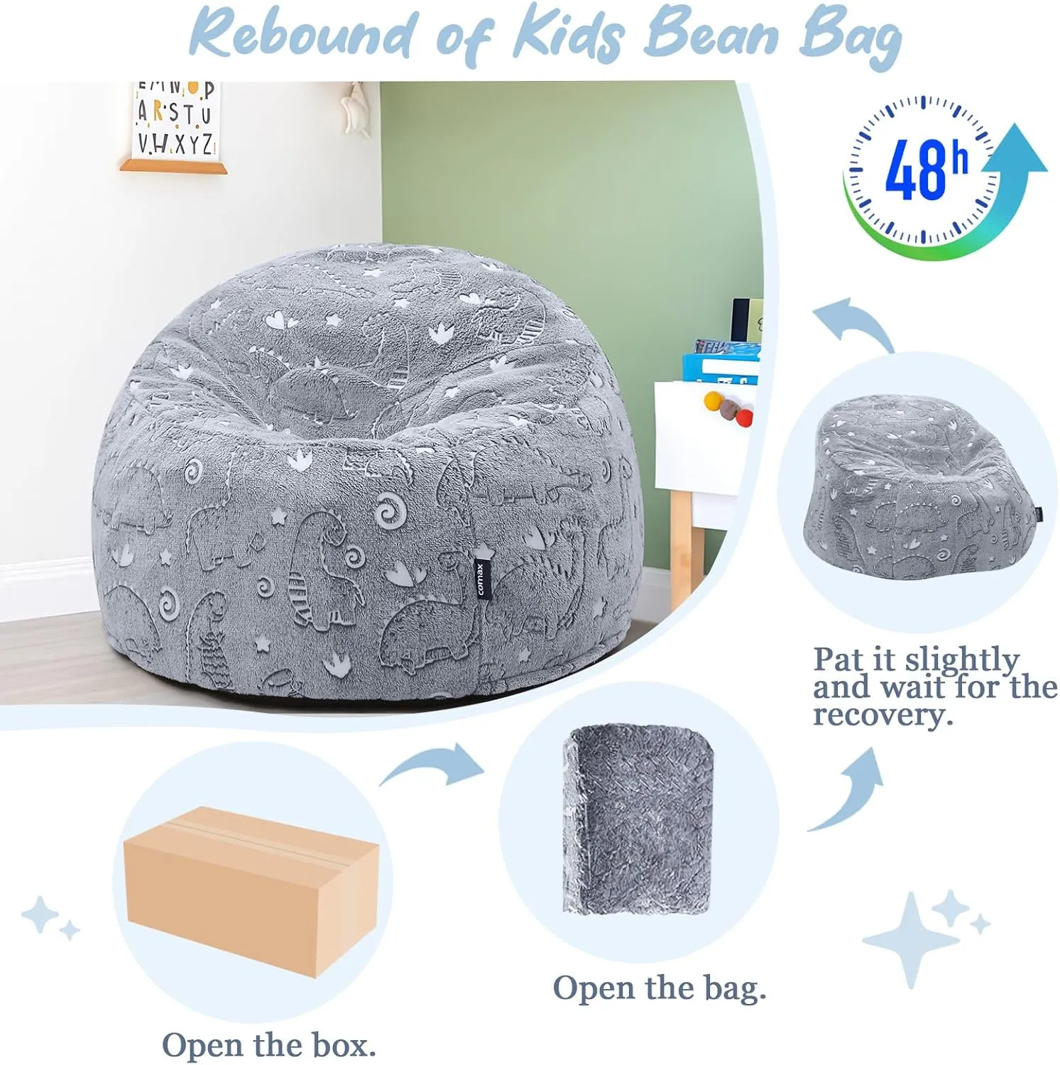 COMAX Bean Bag Chairs for Kids, Toddler BeanBag Sofa with Filler Dinosaur Bean Couch Stuffed for Boys and Girls, Lazy Floor Chair for Playroom, Nursery Room, Grey Dino