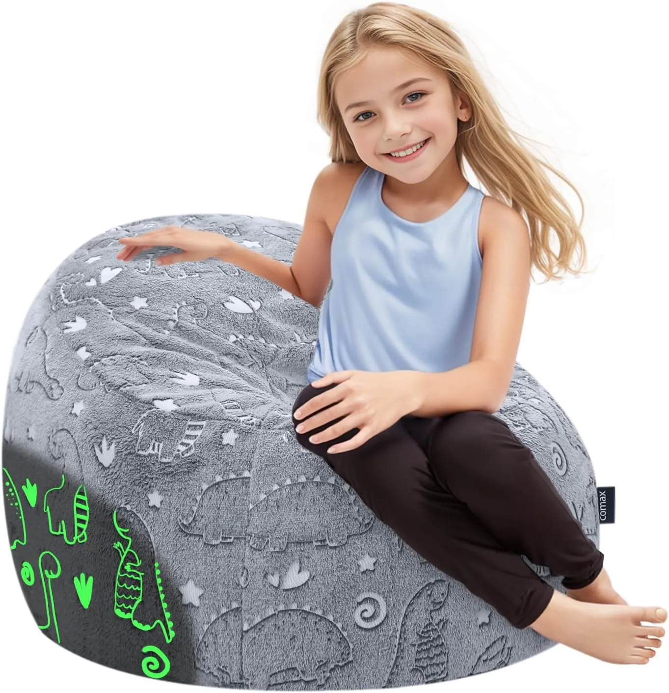 COMAX Bean Bag Chairs for Kids, Toddler BeanBag Sofa with Filler Dinosaur Bean Couch Stuffed for Boys and Girls, Lazy Floor Chair for Playroom, Nursery Room, Grey Dino