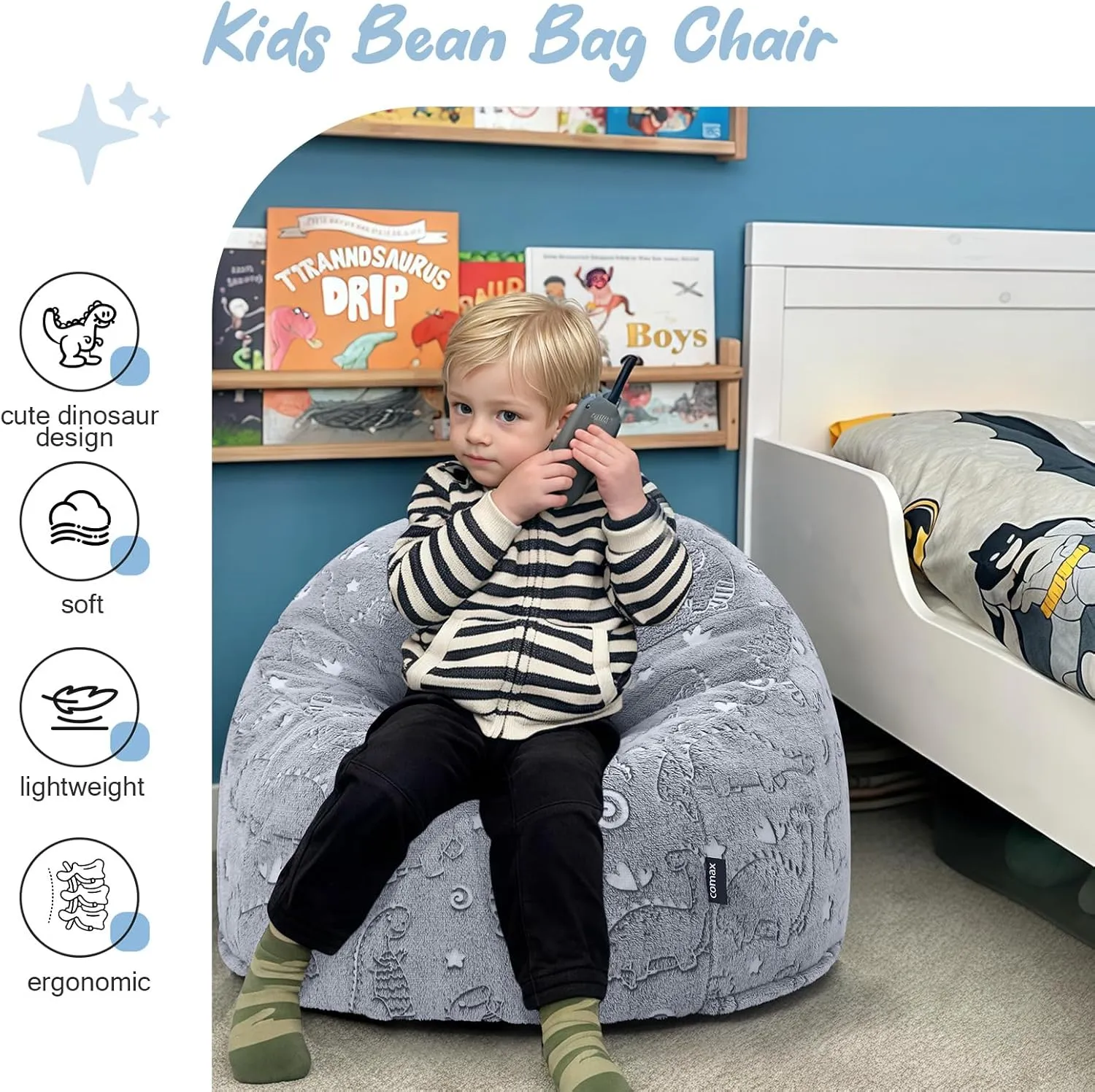 COMAX Bean Bag Chairs for Kids, Toddler BeanBag Sofa with Filler Dinosaur Bean Couch Stuffed for Boys and Girls, Lazy Floor Chair for Playroom, Nursery Room, Grey Dino