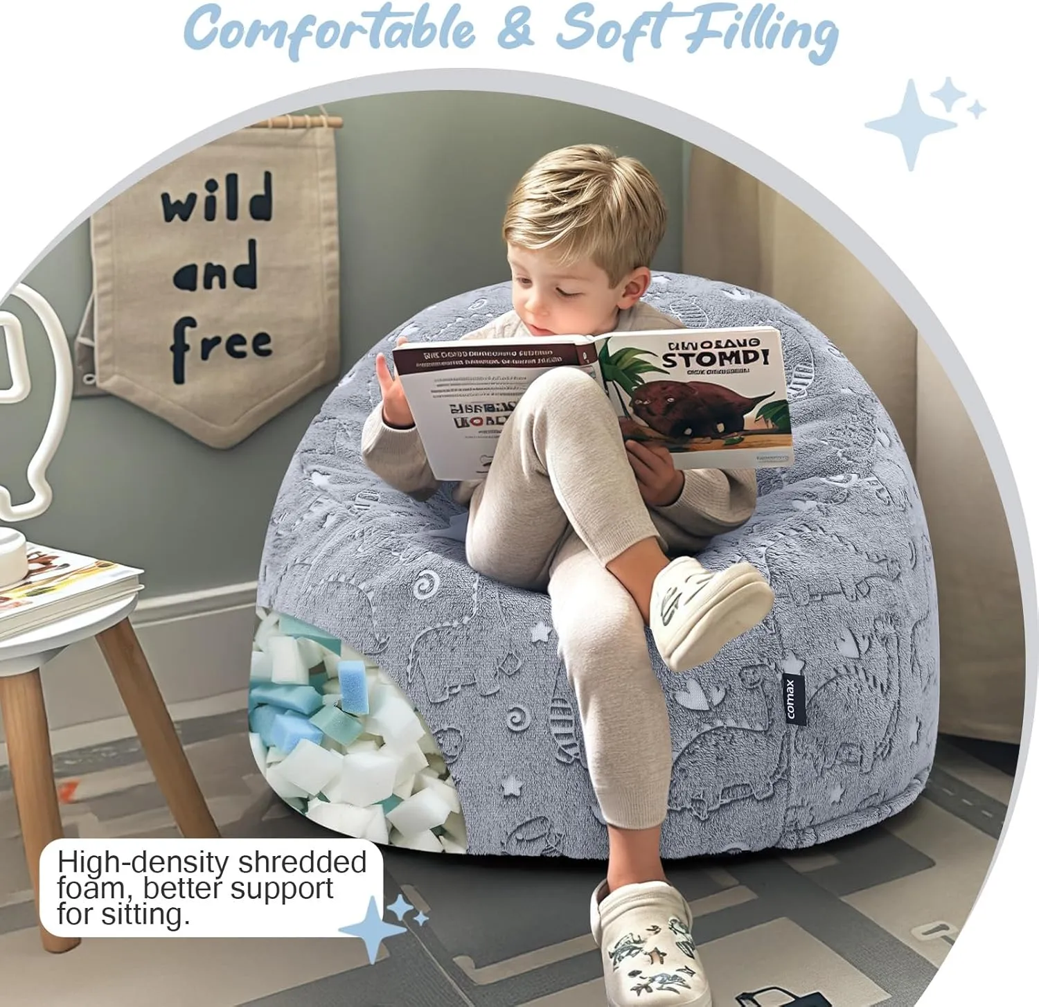 COMAX Bean Bag Chairs for Kids, Toddler BeanBag Sofa with Filler Dinosaur Bean Couch Stuffed for Boys and Girls, Lazy Floor Chair for Playroom, Nursery Room, Grey Dino