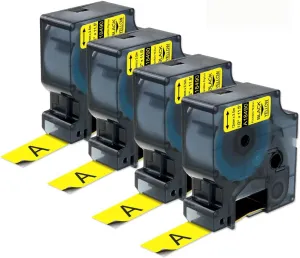 Compatible Industrial Label Tape Replacement for DYMO 18490 Flexible Nylon Labels for DYMO Industrial Rhino 4200, 5200, 5000, 6000 Label Maker and More, Black on Yellow, 1/2" x 11.5',4-Pack