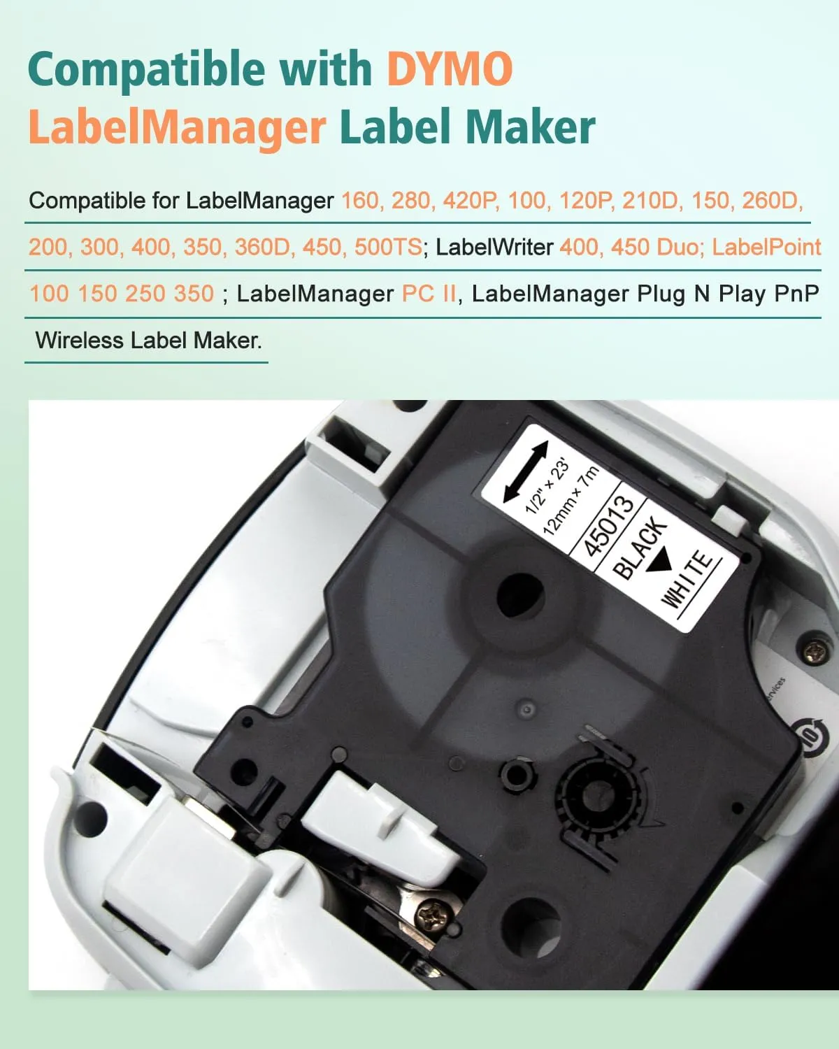 Compatible with Dymo 1/2 Inch Black on White Label Maker Refills D1 45013, A45013, S0720530 1/2 Inch x 23 Feet, for LabelManager 160 210D 260P 280 360D 420P PnP 220P