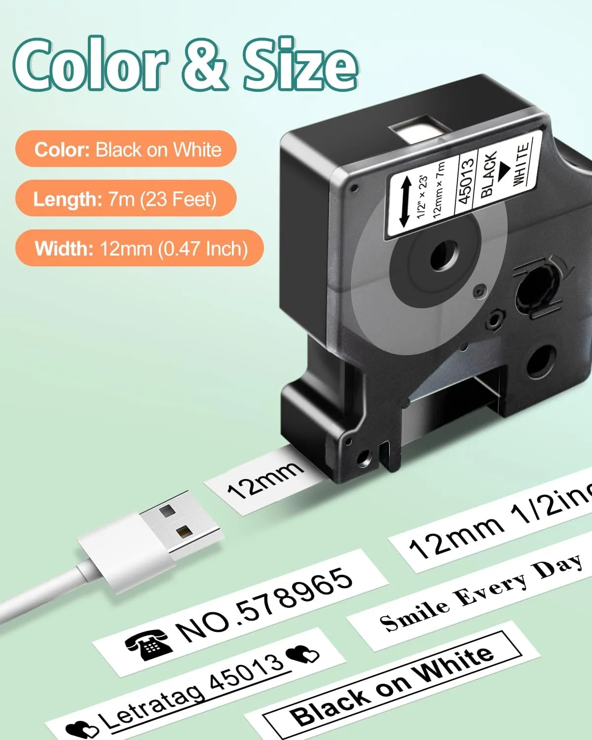 Compatible with Dymo 1/2 Inch Black on White Label Maker Refills D1 45013, A45013, S0720530 1/2 Inch x 23 Feet, for LabelManager 160 210D 260P 280 360D 420P PnP 220P