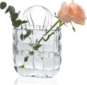 ComSaf Glass Purse Vase for Flowers, Handbag Clear Vase for Decor, Unique Flower Vase Modern Vase Gift for Women, Decorative Vases for Home Decor Table Decor Floral Arrangement Centerpieces