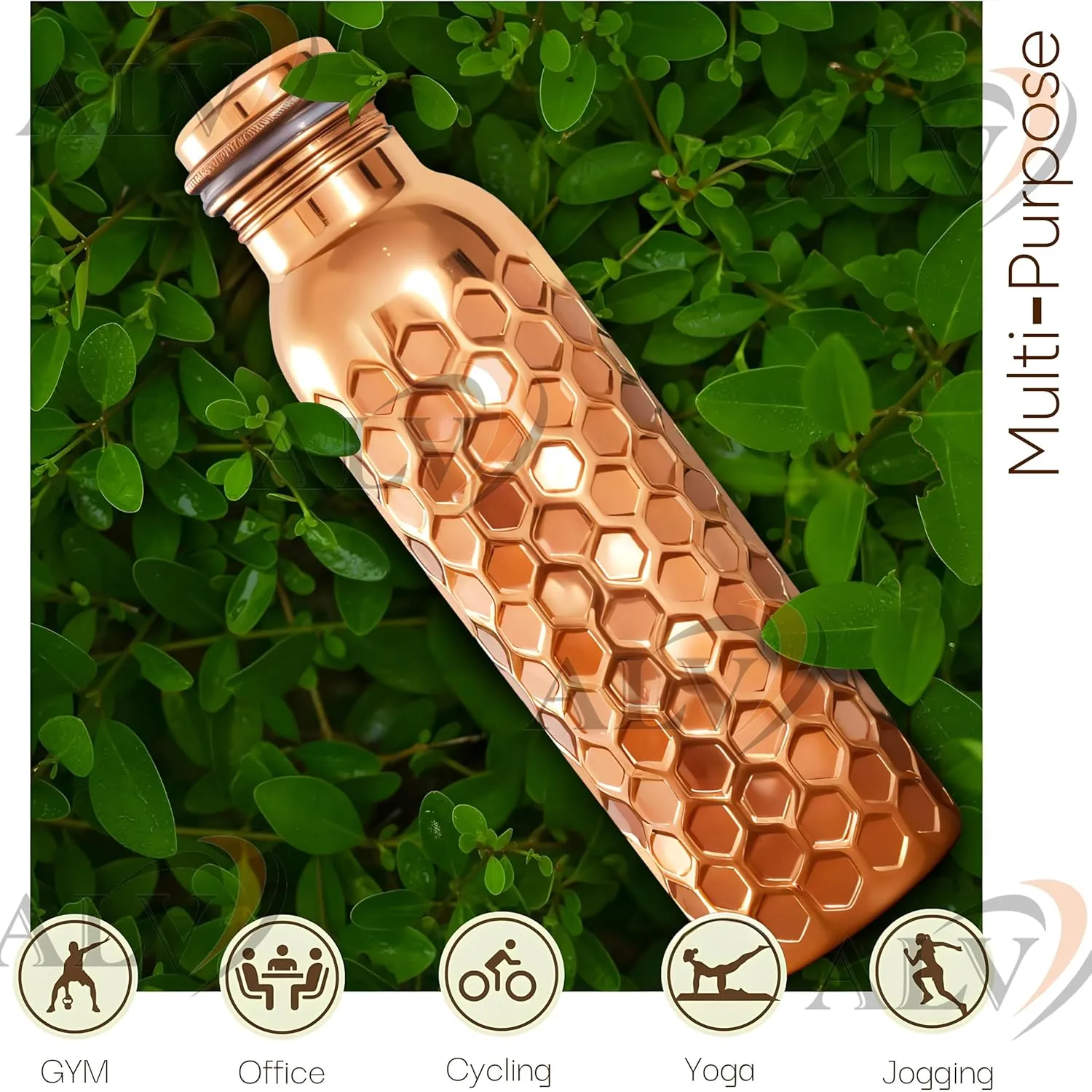 Copper Water Bottle for Drinking Hammered Ayurvedic Pure Leak Proof Lid Bottle Vessel Drinking Bottle 34 Oz for Home, Office (NATURAL HAMMERED)