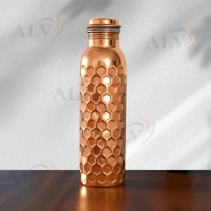 Copper Water Bottle for Drinking Hammered Ayurvedic Pure Leak Proof Lid Bottle Vessel Drinking Bottle 34 Oz for Home, Office (NATURAL HAMMERED)