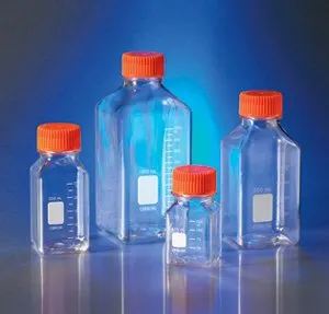 Corning 431531 Square PET Wide Mouth Bottle with 45 mm Cap, Orange Cap, Sterile, Individually Wrapped, 250 mL Capacity (Pack of 24)
