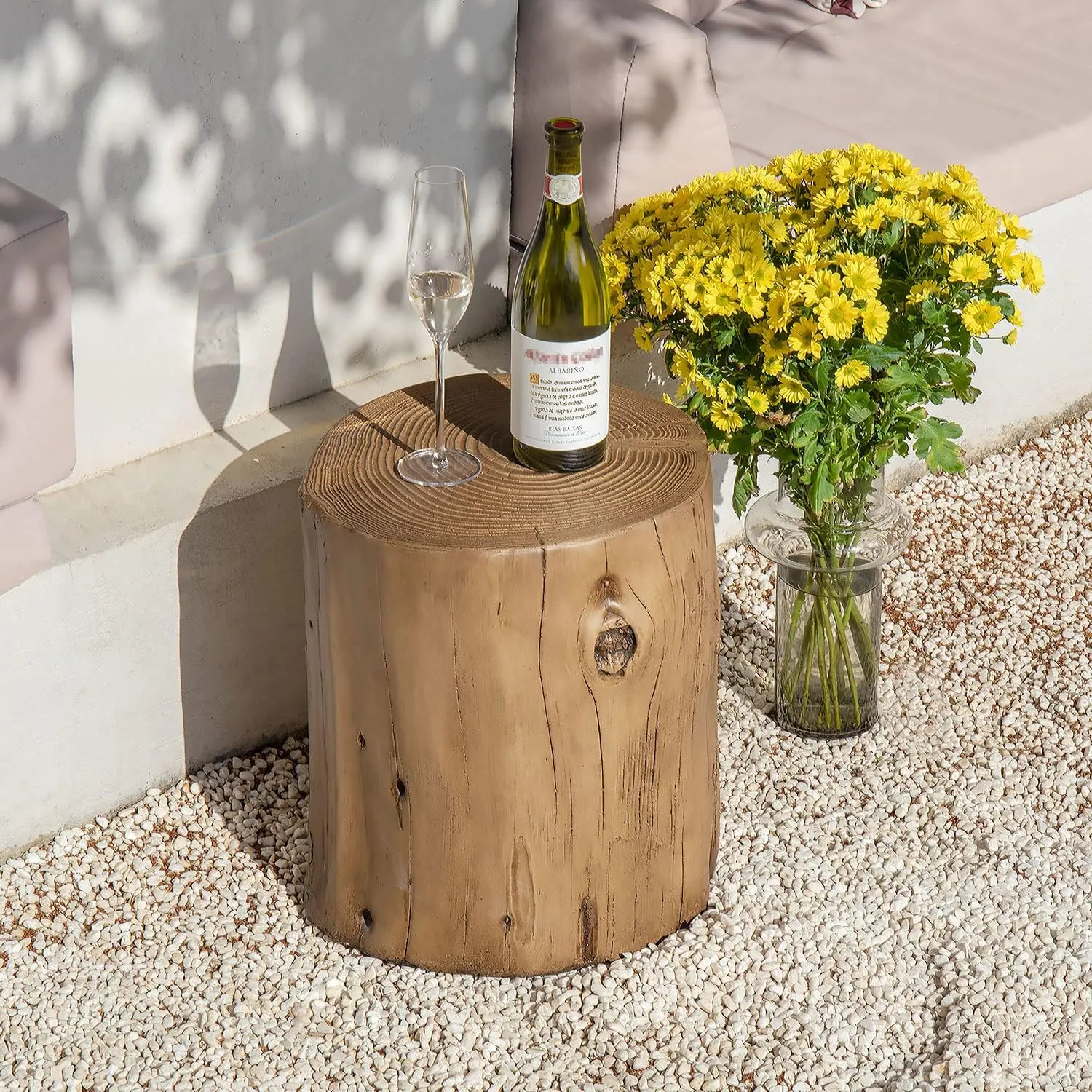 COSIEST Outdoor End Table Light Oak Colored Faux Wood, Hand-Painted Wood Stump Stool, Ottoman or Plant Stand, Deck or Garden
