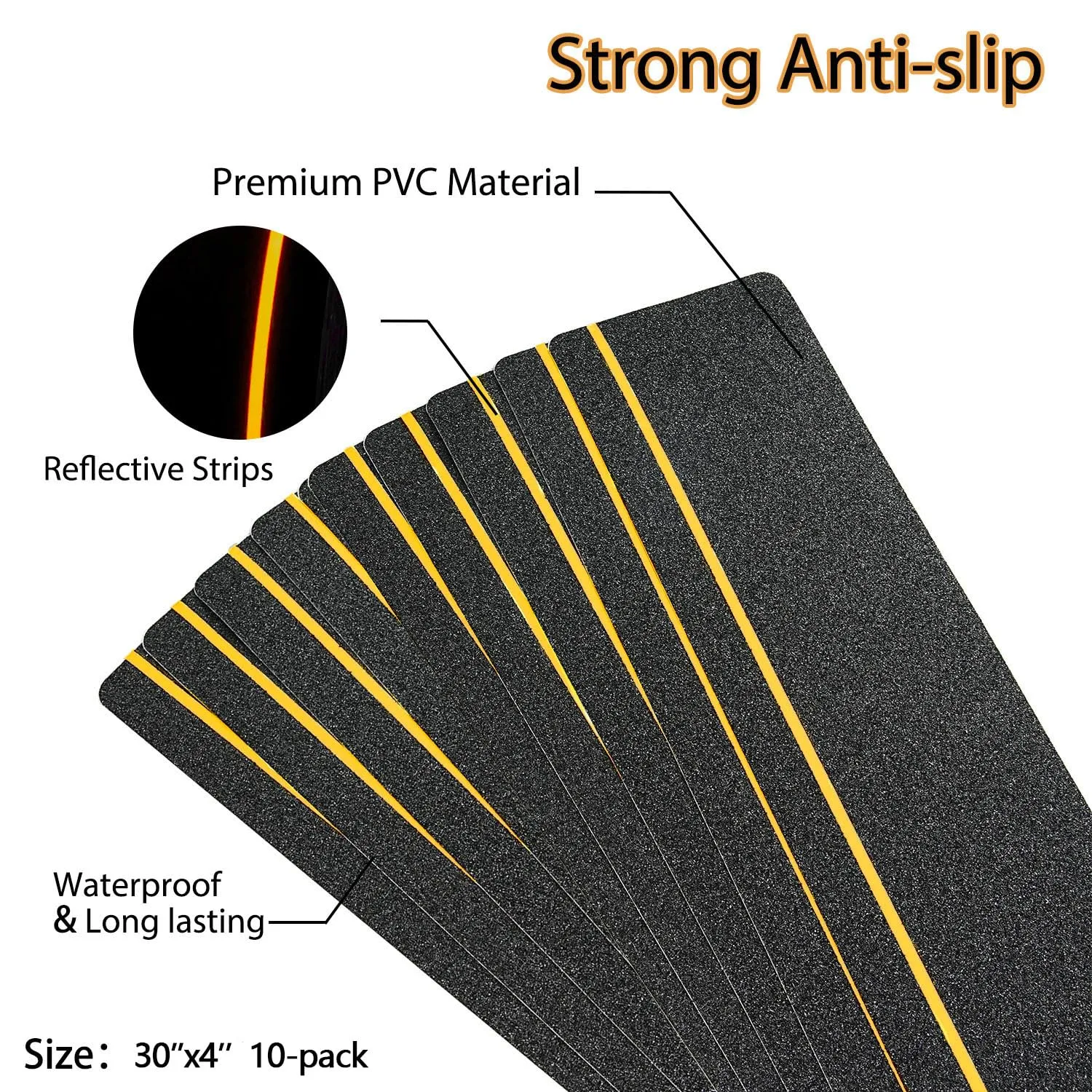 COSIMIXO 4" x 30" 10Pack Anti Slip Stair Tread with Reflective Strips,Best Grip Non Skid Tape,Anti-Skid Tape, High Traction Adhesive for Stairs Step