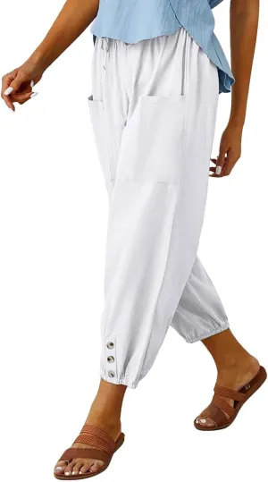 Cotton Casual Capri for Women Elastic High Waisted Loose Lantern Tapered Harem Pants with Pockets