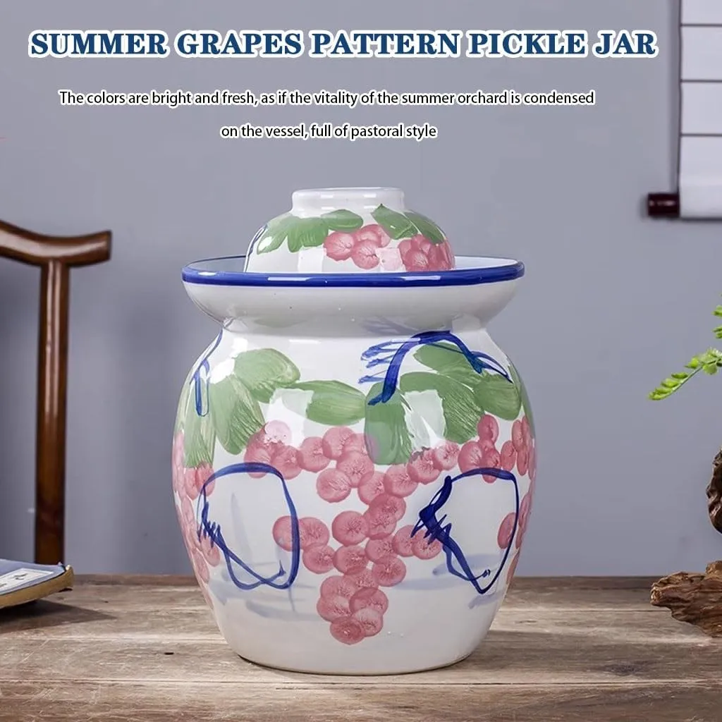 Creative Grape Pattern Kimchi Jar, Thickened Ceramic Fermentation Tank, Traditional Water-sealed Pickling Crock, Wide Mouth Design(1.5kg/52.9oz)