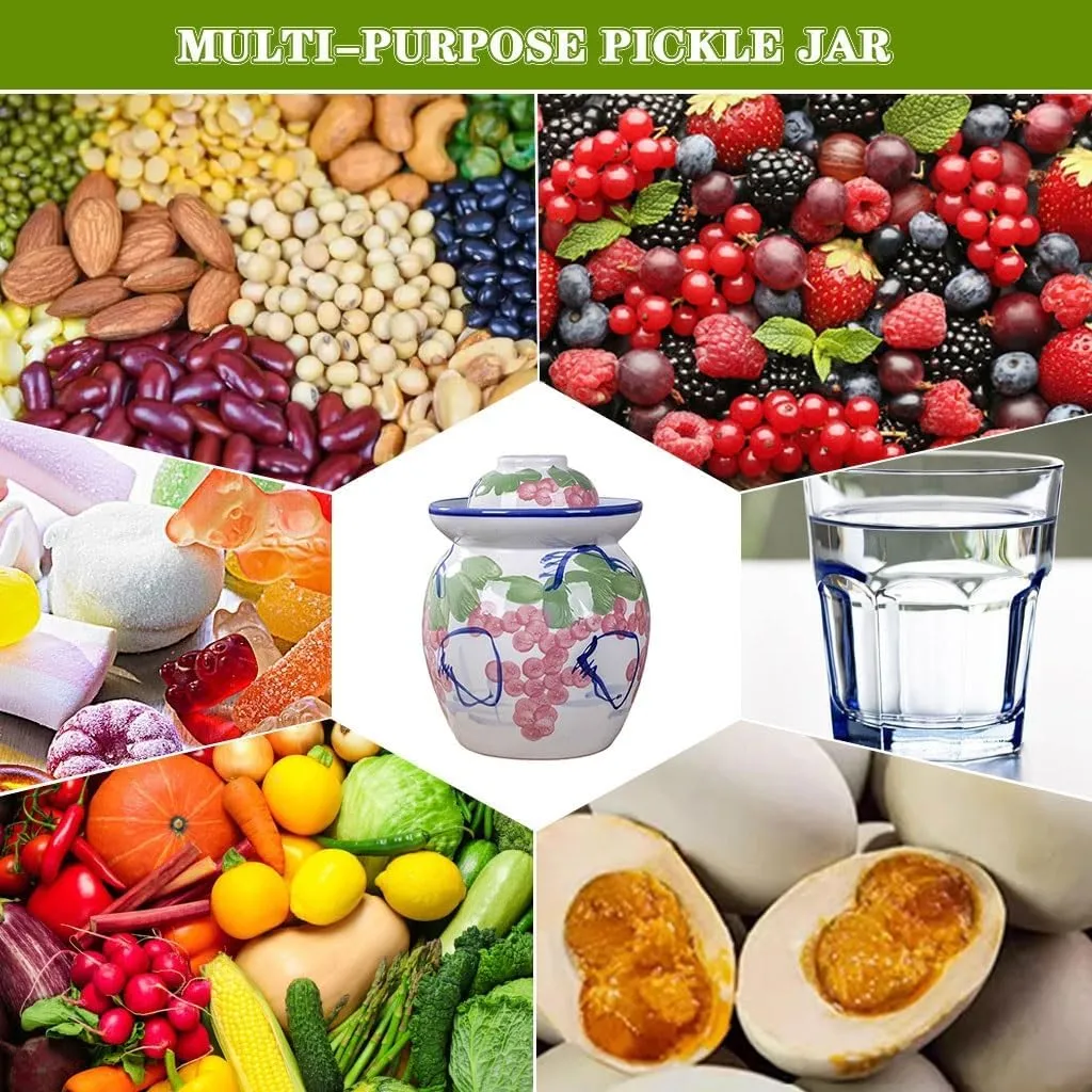 Creative Grape Pattern Kimchi Jar, Thickened Ceramic Fermentation Tank, Traditional Water-sealed Pickling Crock, Wide Mouth Design(1.5kg/52.9oz)
