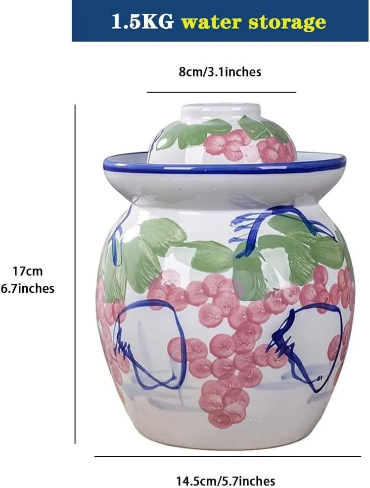 Creative Grape Pattern Kimchi Jar, Thickened Ceramic Fermentation Tank, Traditional Water-sealed Pickling Crock, Wide Mouth Design(1.5kg/52.9oz)