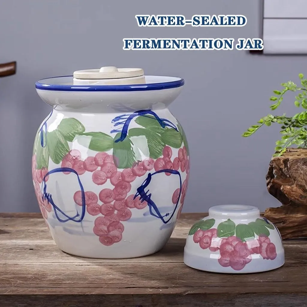 Creative Grape Pattern Kimchi Jar, Thickened Ceramic Fermentation Tank, Traditional Water-sealed Pickling Crock, Wide Mouth Design(1.5kg/52.9oz)