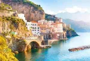 CSFOTO 7x5ft Background Amalfi Cityscape on Coast Line of Mediterranean Sea Photography Backdrop Italy Travel Town Sea Town Landmark Mountain Architecture Trip Photo Studio Props Polyester Wallpaper