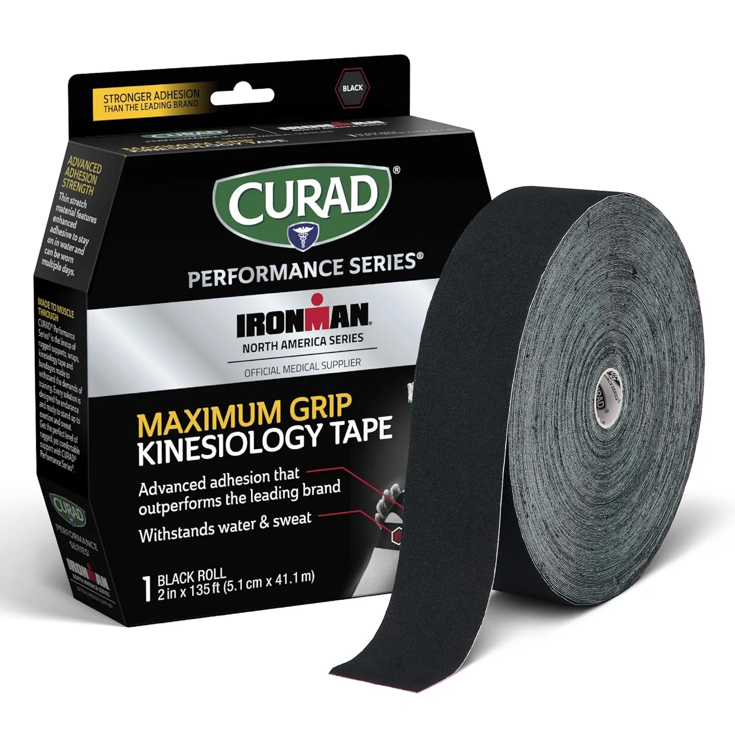 CURAD Performance Series Ironman Maximum Grip Kinesiology Tape, Sweat & Water Resistant Athletic Tape, Cotton Elastic Compression Support for Joints & Muscles, Black, 2 inches x 135 feet (1 Roll)