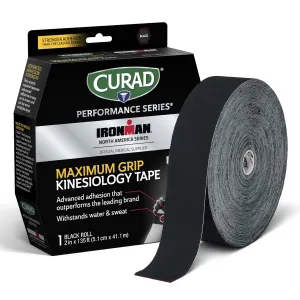 CURAD Performance Series Ironman Maximum Grip Kinesiology Tape, Sweat & Water Resistant Athletic Tape, Cotton Elastic Compression Support for Joints & Muscles, Black, 2 inches x 135 feet (1 Roll)