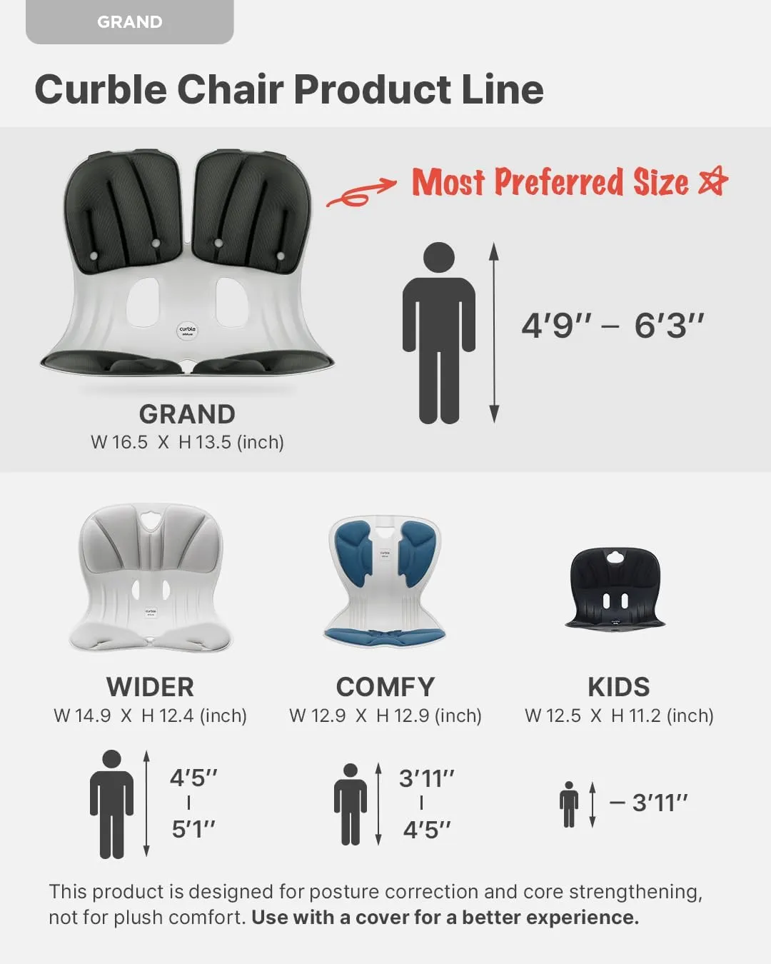 curble Grand(Extra Wide & Sturdy) – Ergonomic Back and Lumbar Support for Good Posture Correction and Back Pain Relief, Perfect for Office, Floor Seat and Work from Home, Patented (Grey)