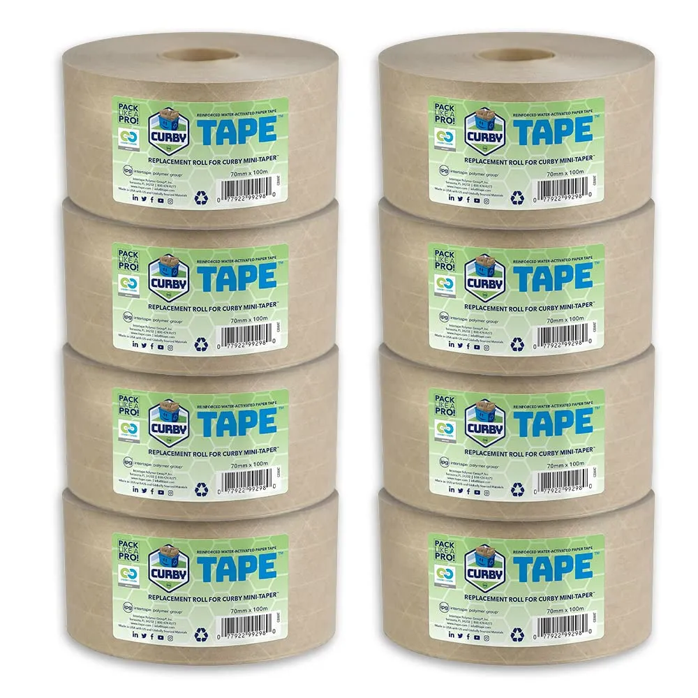 CURBY IPG Water-Activated Tape, 70MM x 100M Refill Roll (8-Pack), Tan