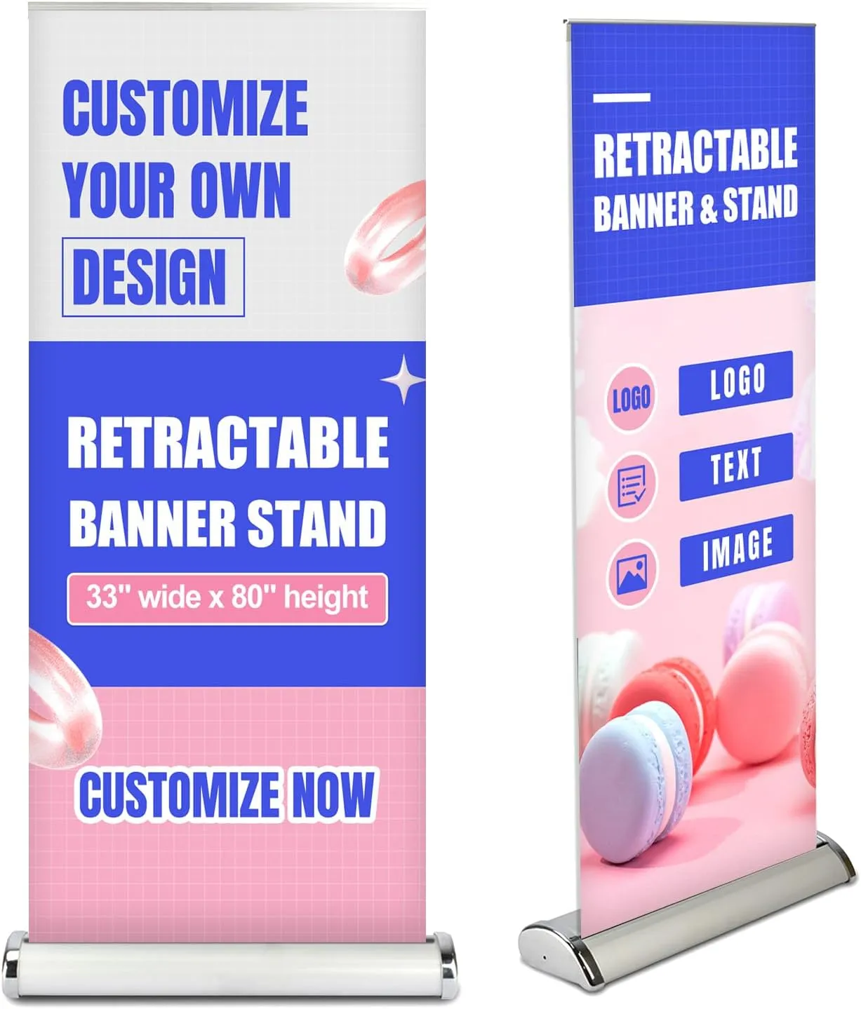 Customized Retractable Banners with Widened Base for Businesses, Retractable Banners and Signs Customize with Full Color Design, Aluminum Roll Up Stand with Travel Bag for Events, Advertising, Trade Shows, Wedding.