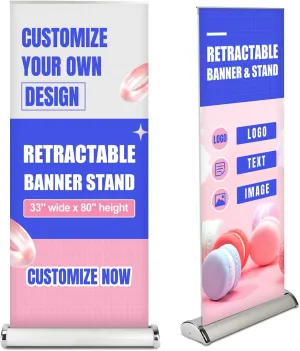 Customized Retractable Banners with Widened Base for Businesses, Retractable Banners and Signs Customize with Full Color Design, Aluminum Roll Up Stand with Travel Bag for Events, Advertising, Trade Shows, Wedding.