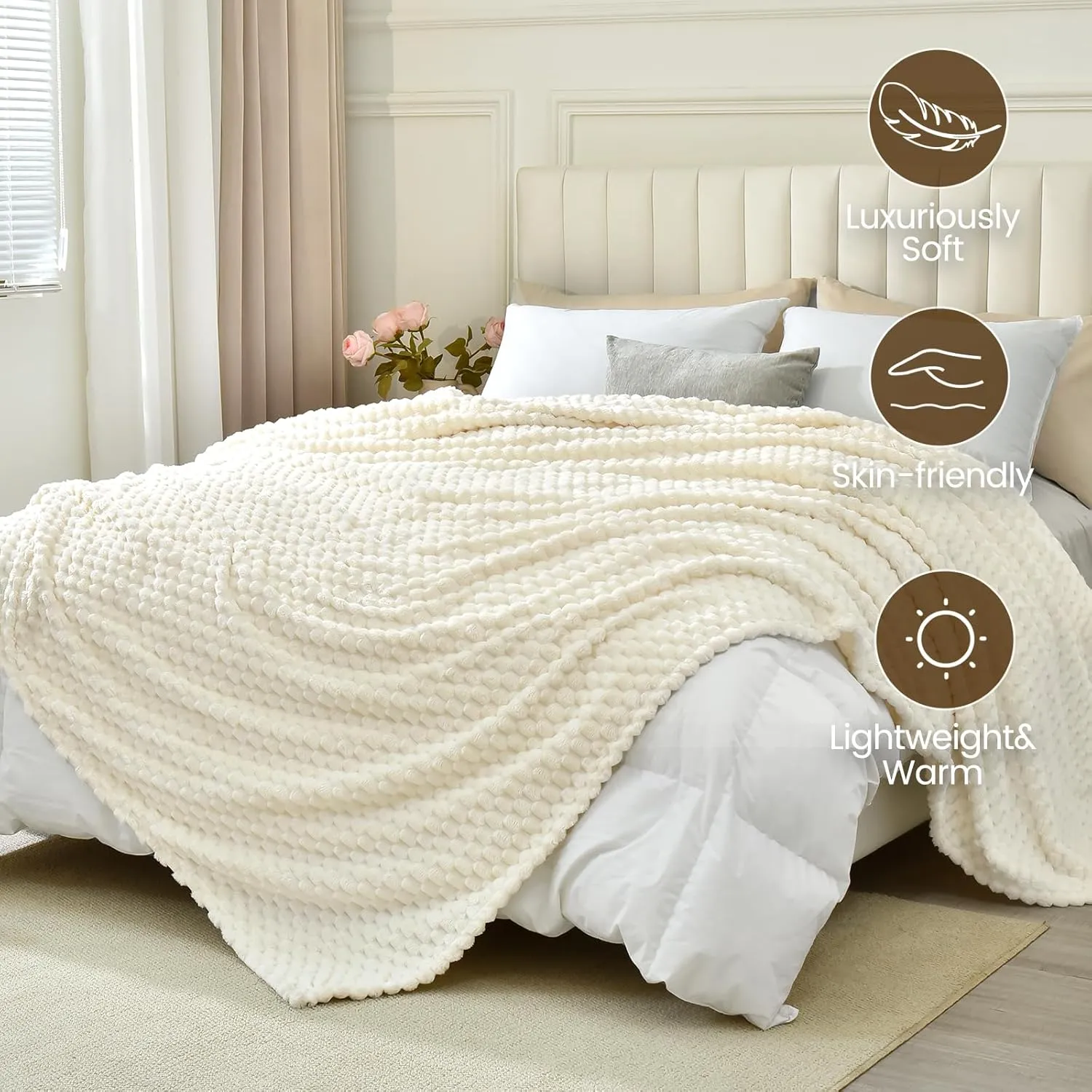 David's Home Ultra Soft Fleece Blanket Twin Size, Warm Lightweight 3D Jacquard Flannel Blanket for Fall Winter, Fluffy Cozy Luxury Plush Suitable for Bed Room Decor,66"x90", Cream
