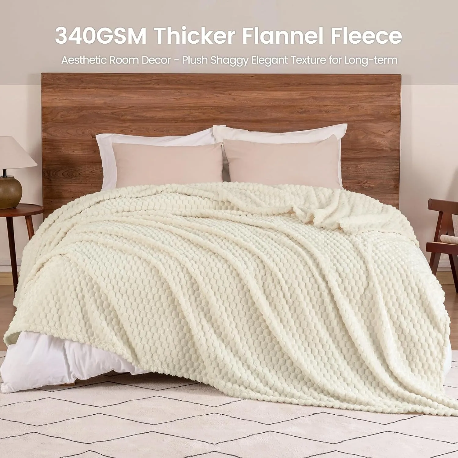 David's Home Ultra Soft Fleece Blanket Twin Size, Warm Lightweight 3D Jacquard Flannel Blanket for Fall Winter, Fluffy Cozy Luxury Plush Suitable for Bed Room Decor,66"x90", Cream