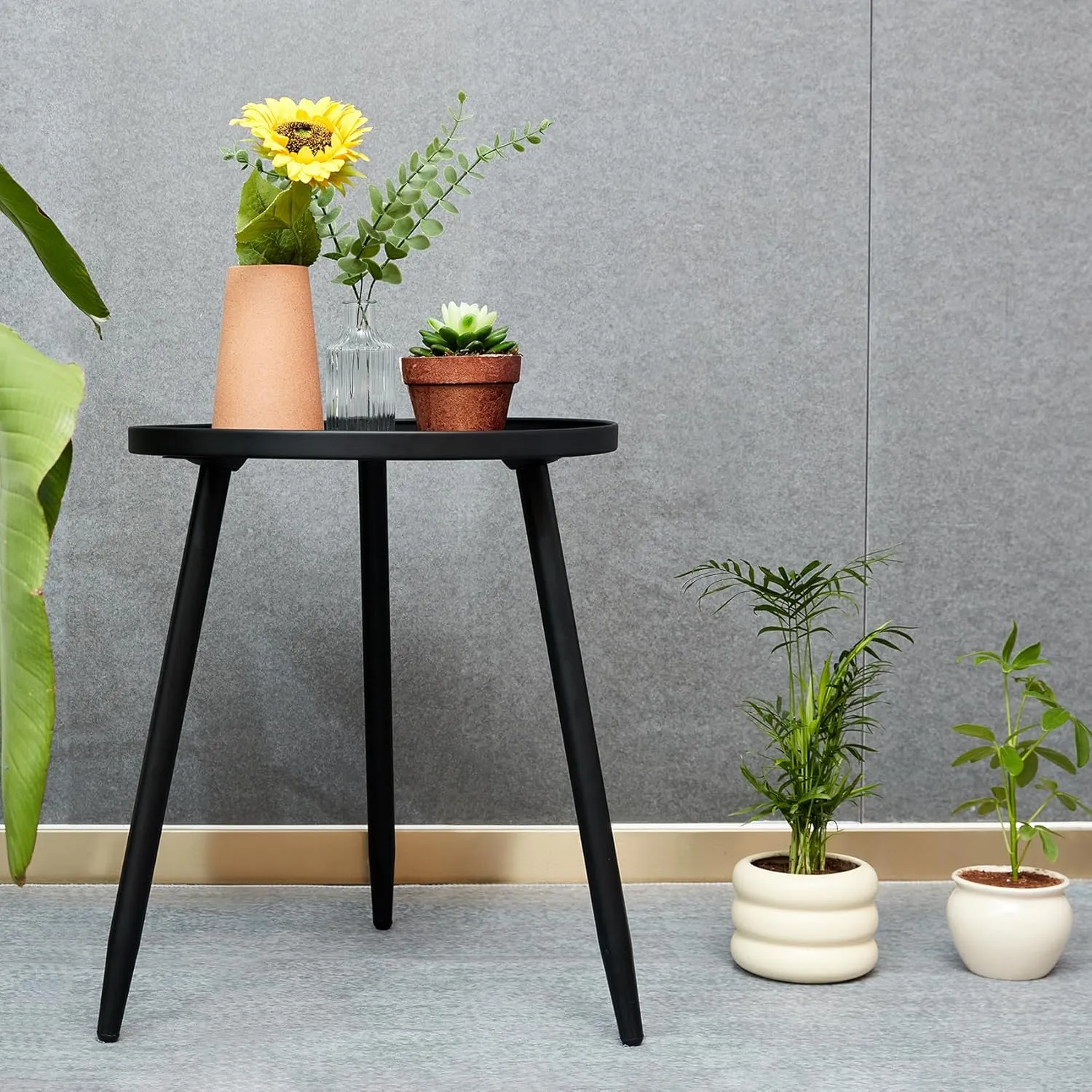 Decent End/Side Tables - Small Round Accent Table, Metal Black Narrow Night Stands with 3 Legs, Ideal for Any Room-Side Tables Living Room, Bedroom, Tall Plant Stand Balcony, Indoor & Outdoor