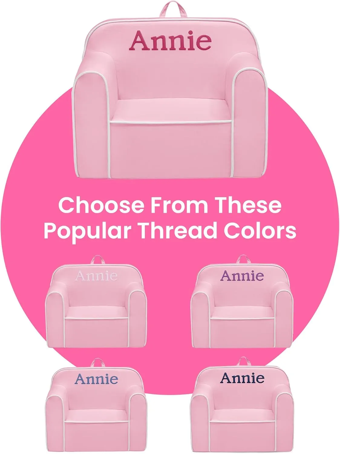 Delta Children Cozee Chair for Kids - 1 Seater Foam Toddler Couch can be Personalized with Name, Has Removable Cover for Easy Machine Washing (25x18x20.5 Inches, Pink and White)