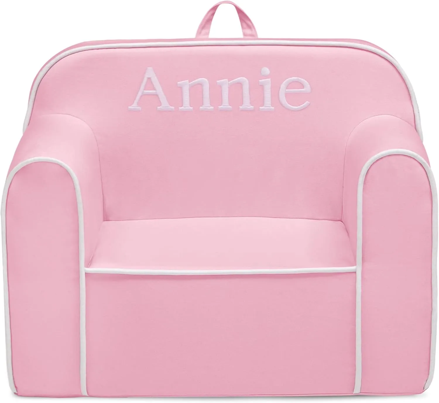 Delta Children Cozee Chair for Kids - 1 Seater Foam Toddler Couch can be Personalized with Name, Has Removable Cover for Easy Machine Washing (25x18x20.5 Inches, Pink and White)