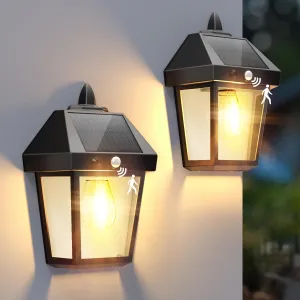 DERAYSION Solar Porch Lights Outdoor, 9 Inch Solar Wall Lanterns with Motion Sensor, 3 Mode Adjustable Brightness Waterproof Outdoor Solar Lights for Porch Door Patio Fence Garage -2 Pack