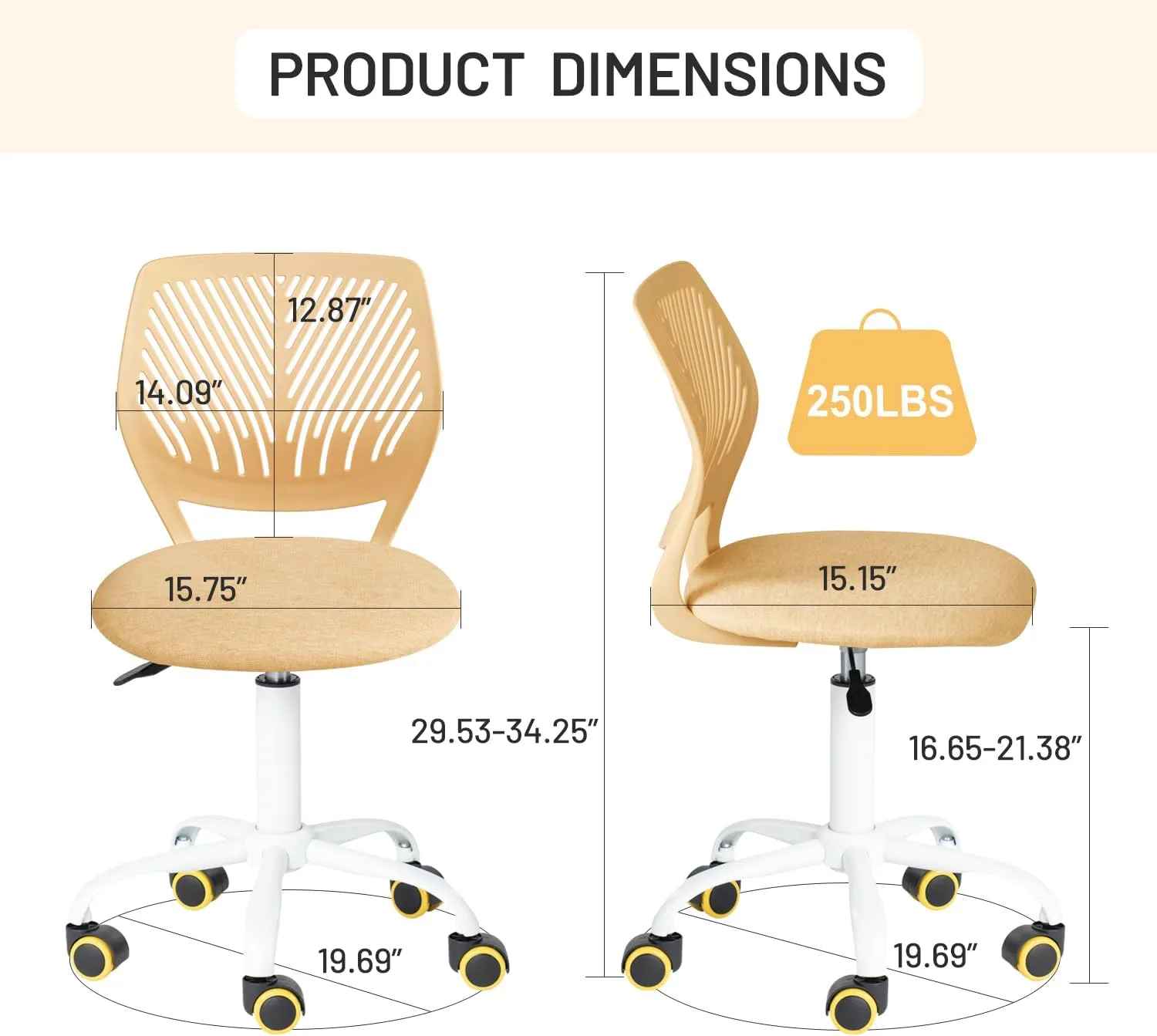 Desk Chair Armless, Comfy Small Home Office Chair with Fabric Seating Cushion and Plastic Low-Back, Adjustable Swivel Study Computer Task Chair for Student Children Kids with Rolling Wheels
