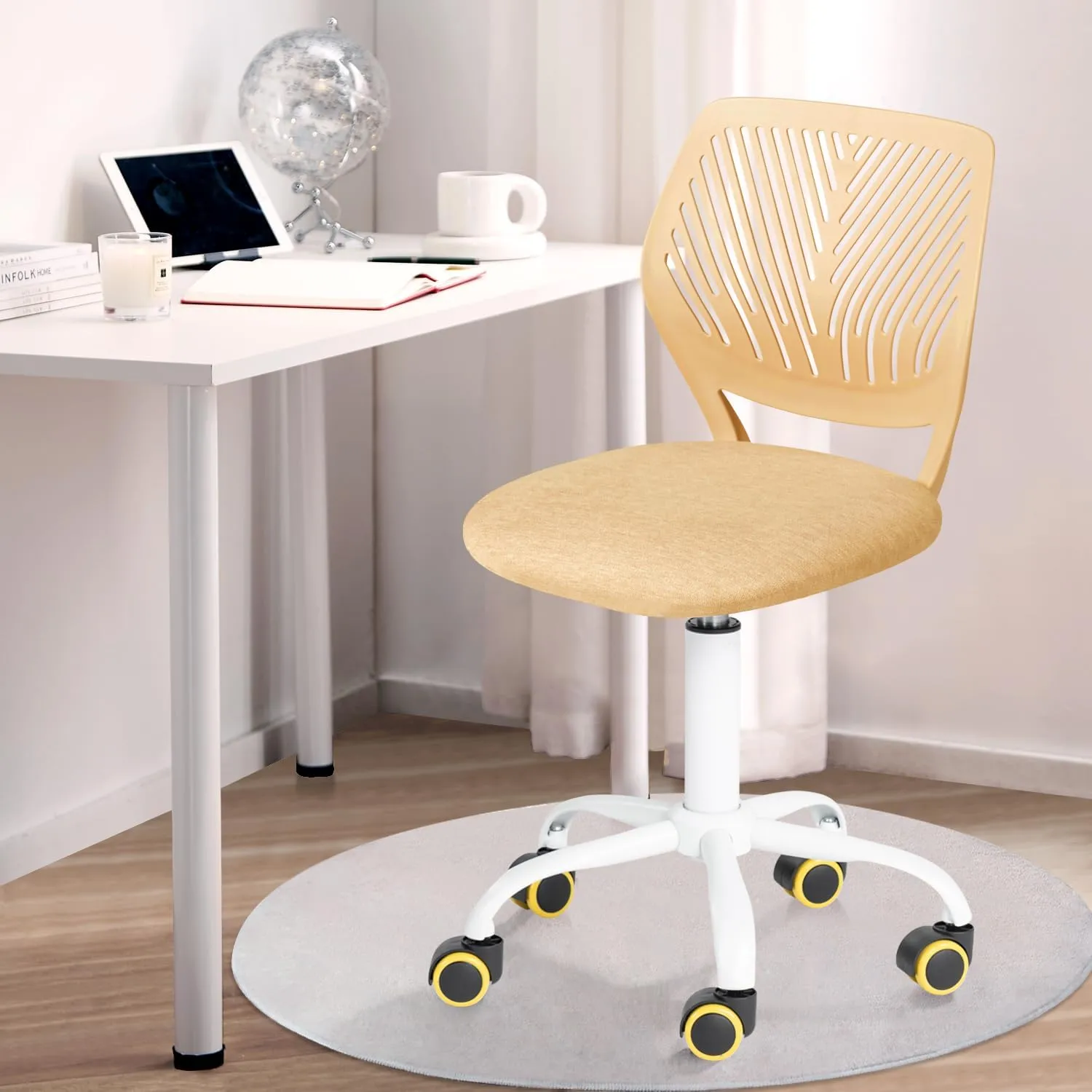 Desk Chair Armless, Comfy Small Home Office Chair with Fabric Seating Cushion and Plastic Low-Back, Adjustable Swivel Study Computer Task Chair for Student Children Kids with Rolling Wheels