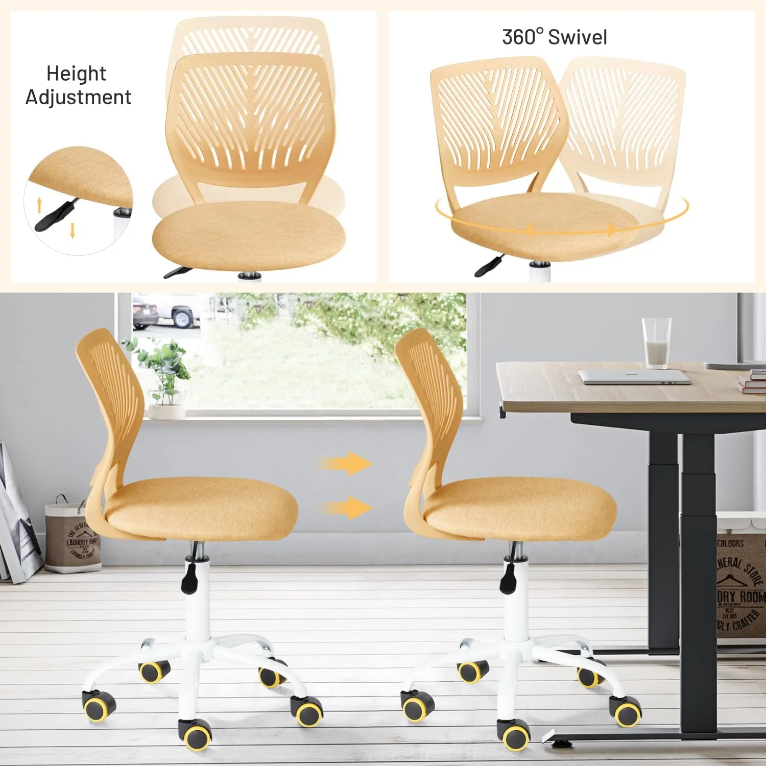 Desk Chair Armless, Comfy Small Home Office Chair with Fabric Seating Cushion and Plastic Low-Back, Adjustable Swivel Study Computer Task Chair for Student Children Kids with Rolling Wheels
