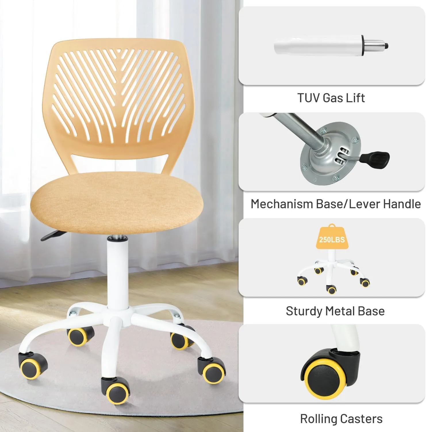 Desk Chair Armless, Comfy Small Home Office Chair with Fabric Seating Cushion and Plastic Low-Back, Adjustable Swivel Study Computer Task Chair for Student Children Kids with Rolling Wheels