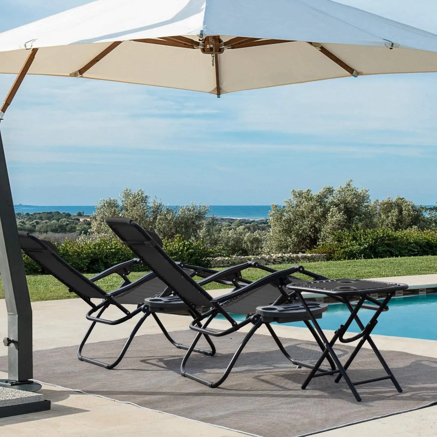Devoko Patio Zero Gravity Chair Outdoor Folding Recliner Chairs with Table Pool Side Using Lawn Chair Sets with Pillow (Black)