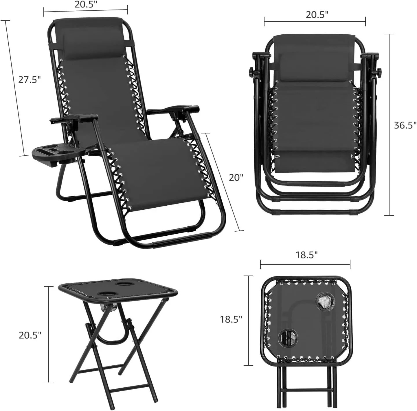 Devoko Patio Zero Gravity Chair Outdoor Folding Recliner Chairs with Table Pool Side Using Lawn Chair Sets with Pillow (Black)