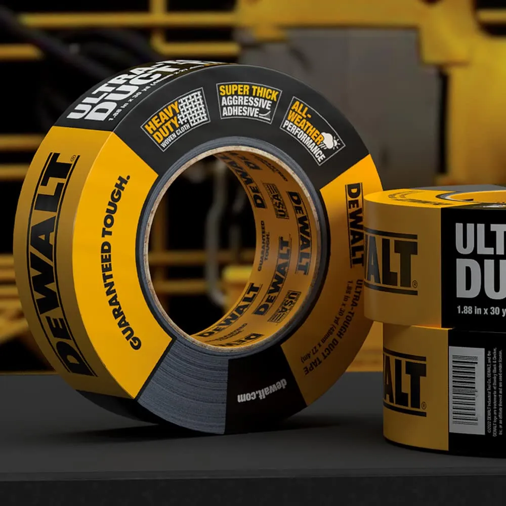 DEWALT Ultra Tough Duct Tape, 1.88 in x 30 yd, Heavy Duty, Ultra Strong, Aggressive Adhesive, All-Weather, 2 Rolls, Black