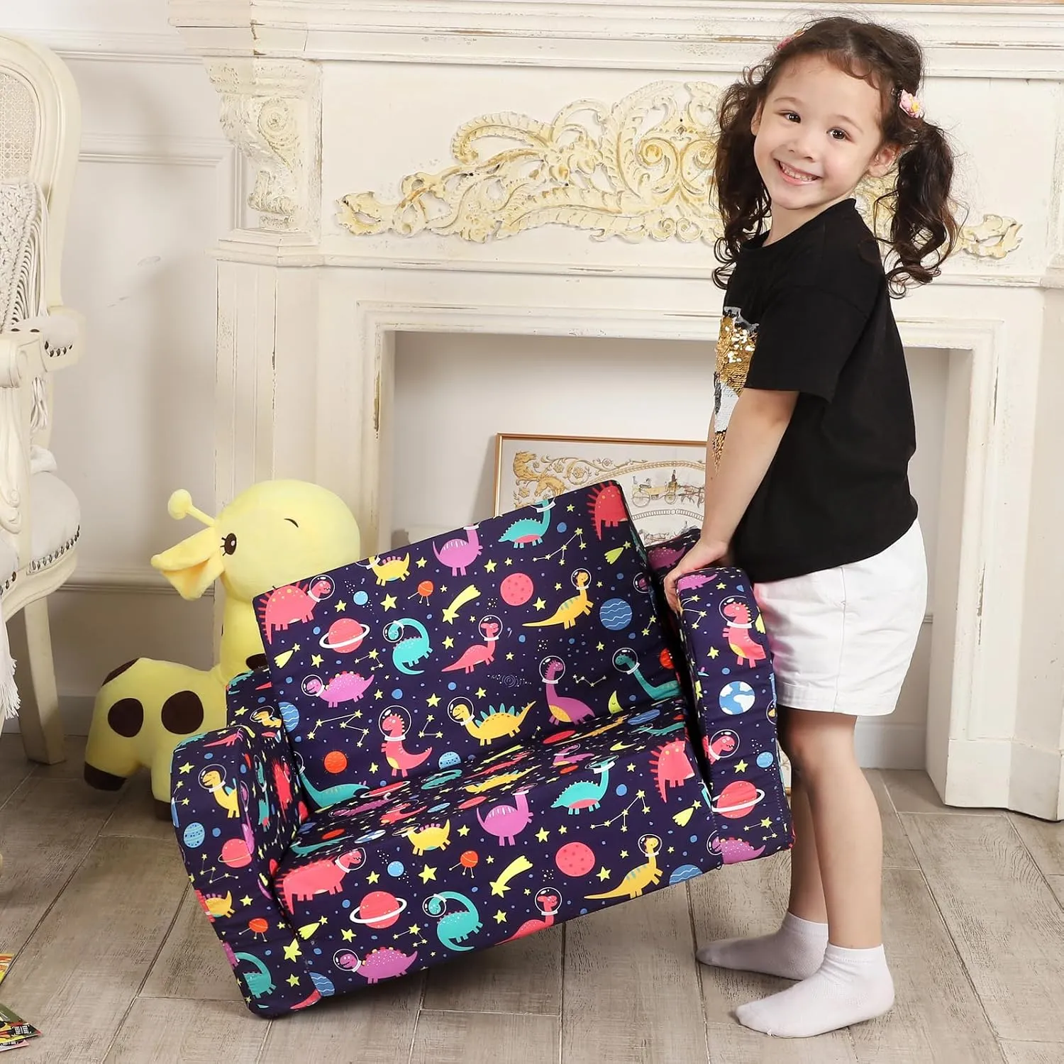 Dinosaur Kids Sofa, 2-in-1 Kids Couch Fold Out, Convertible Sofa to Bed for Girls and Boys