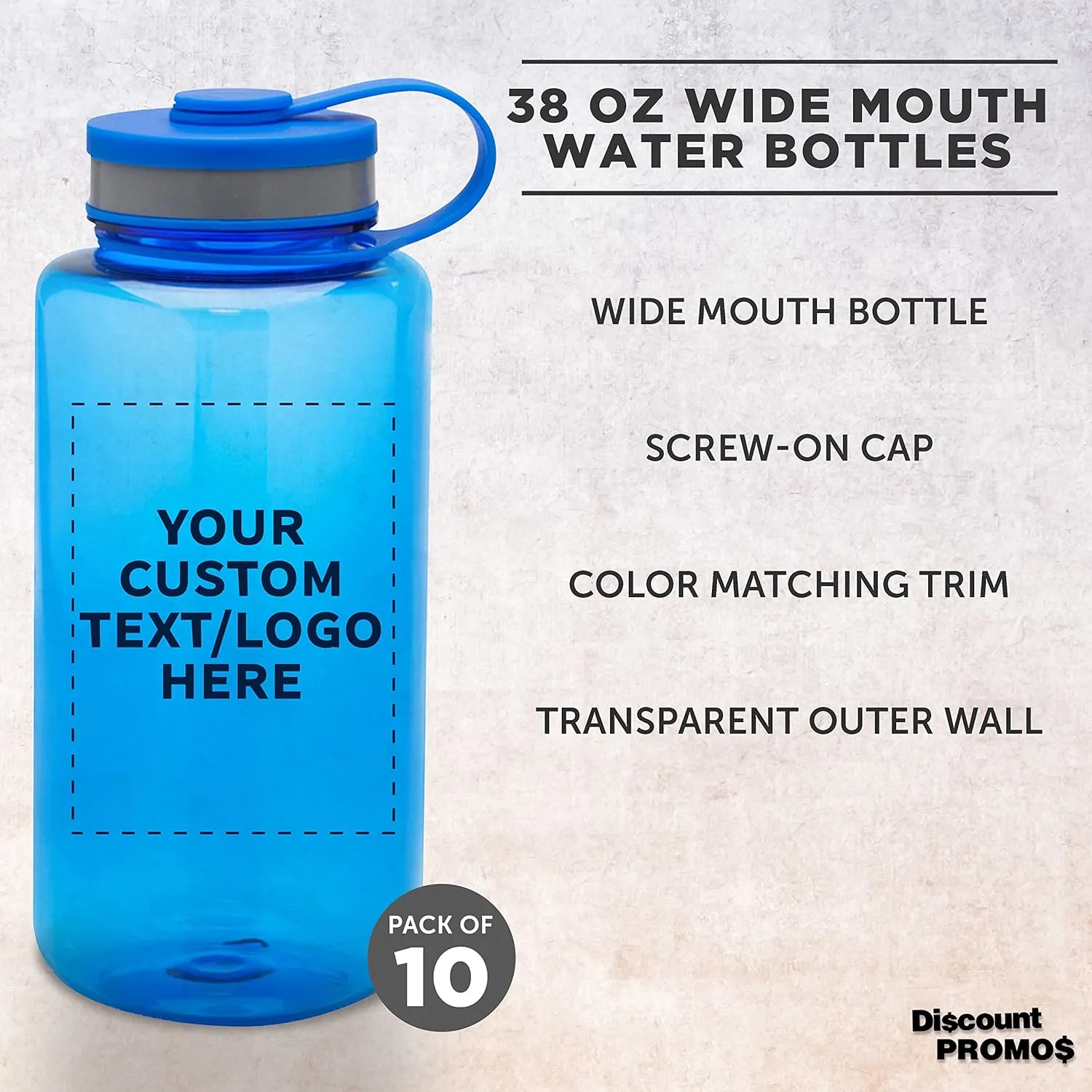 DISCOUNT PROMOS Custom Plastic Sports Water Bottles with Flip Lid 38 oz. Set of 10, Personalized Bulk Pack - Great for Gym, Hiking, Cycling, Camping, Backpacking, School - Blue