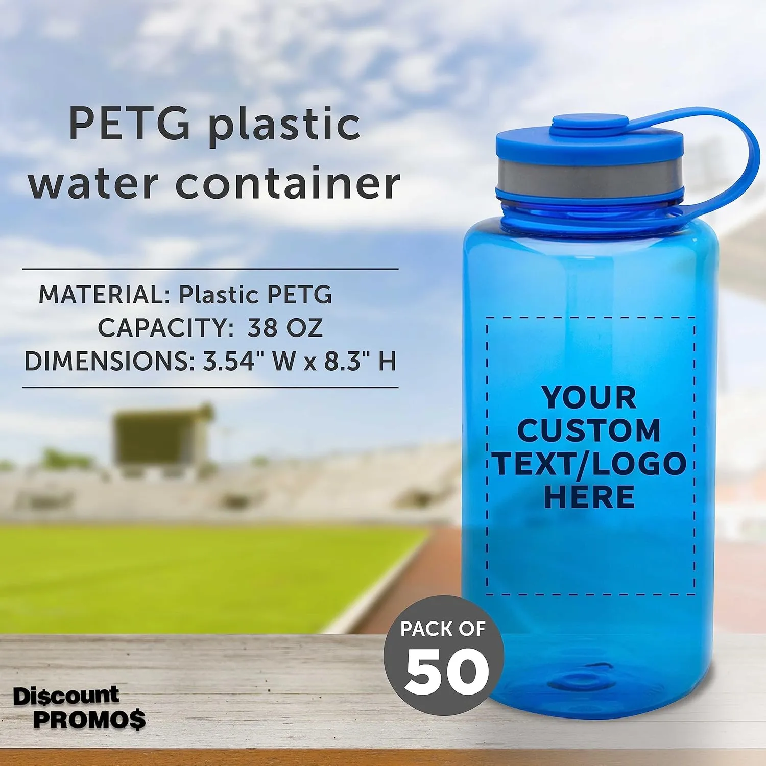 DISCOUNT PROMOS Custom Plastic Sports Water Bottles with Flip Lid 38 oz. Set of 50, Personalized Bulk Pack - Great for Gym, Hiking, Cycling, Camping, Backpacking, School - Blue