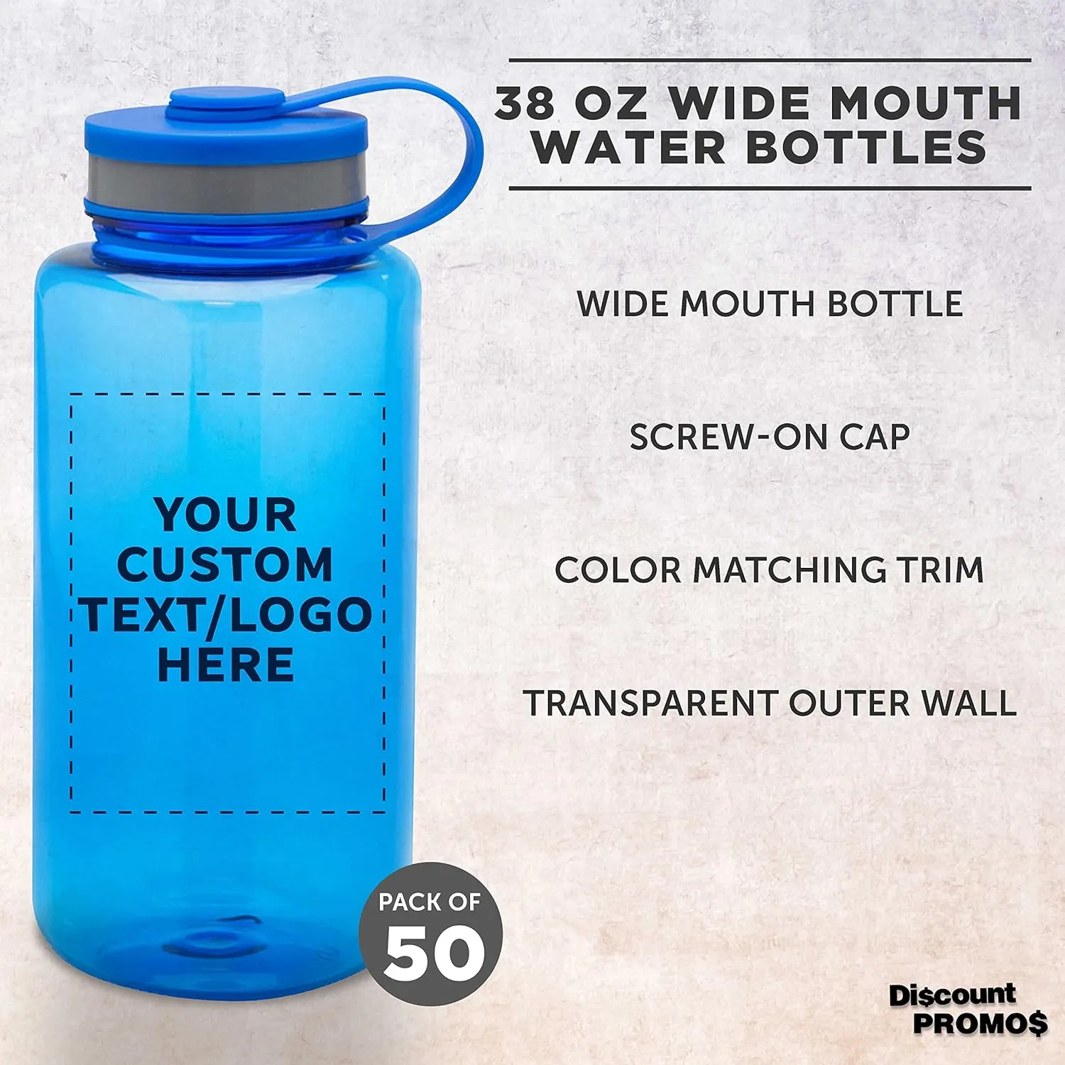 DISCOUNT PROMOS Custom Plastic Sports Water Bottles with Flip Lid 38 oz. Set of 50, Personalized Bulk Pack - Great for Gym, Hiking, Cycling, Camping, Backpacking, School - Blue