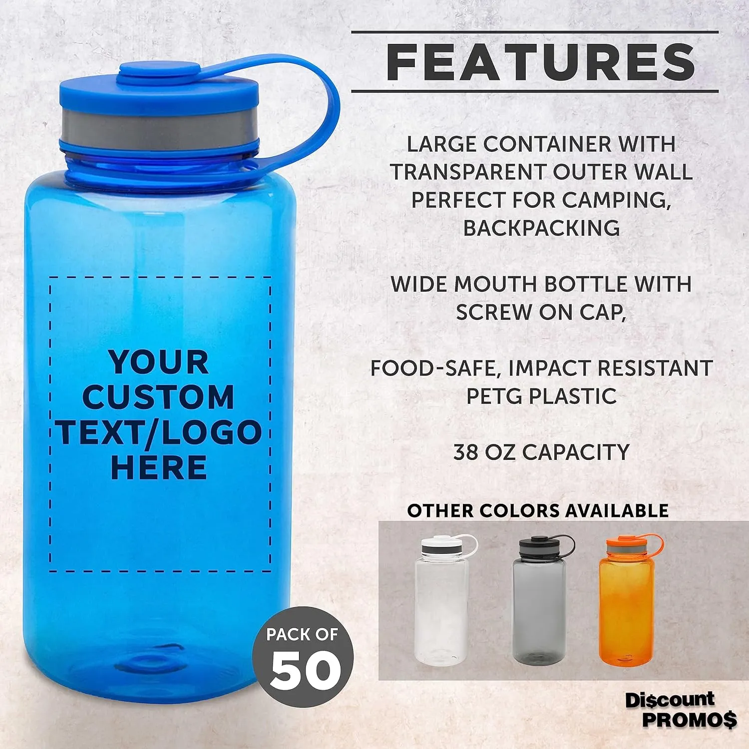 DISCOUNT PROMOS Custom Plastic Sports Water Bottles with Flip Lid 38 oz. Set of 50, Personalized Bulk Pack - Great for Gym, Hiking, Cycling, Camping, Backpacking, School - Blue
